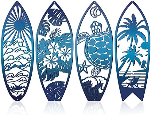 Therwen 4 Pcs Metal Surfboard Wall Decor Blue