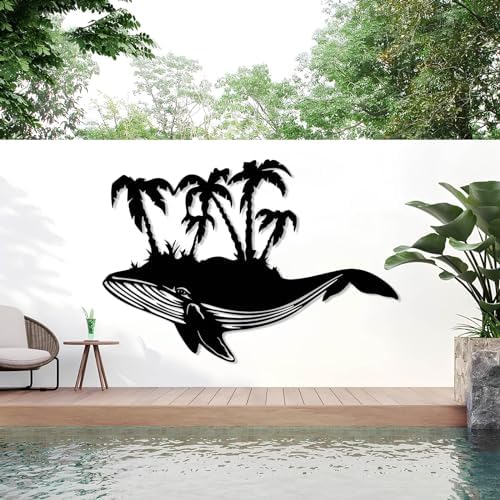 Metal Whale Palm Tree Wall Art Silver 16x24