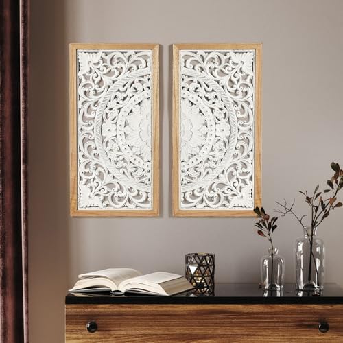 AHUONEL 2 Panel Wall Sculpture Decor Carved Wood Wall Art for Home Living Room Bedroom Entryway Hall Office Decor 23x115