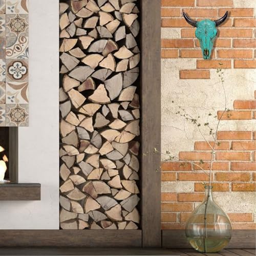 Rustic Wall Sculpture with Turquoise Floral Tribal Carved Bull Head Skull