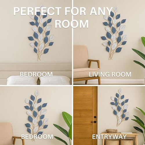 Vertical 3D Leaf Metal Wall Art - Textured Green and White Wall Sculpture