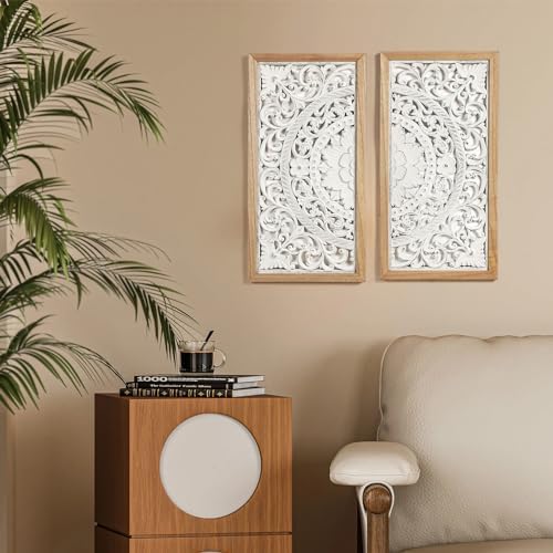 AHUONEL 2 Panel Wall Sculpture Decor Carved Wood Wall Art for Home Living Room Bedroom Entryway Hall Office Decor 23x115