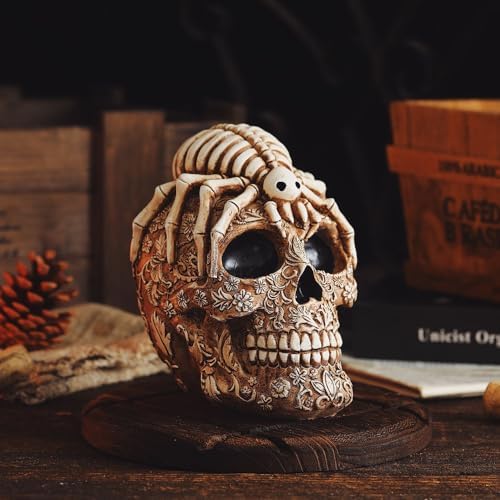 Vintage Skull Statue with Spider Resin Sculpture for Home Decor