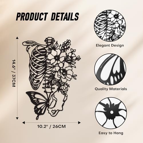 Gothic Skull Wall Decor with Metal Butterfly and Flowers