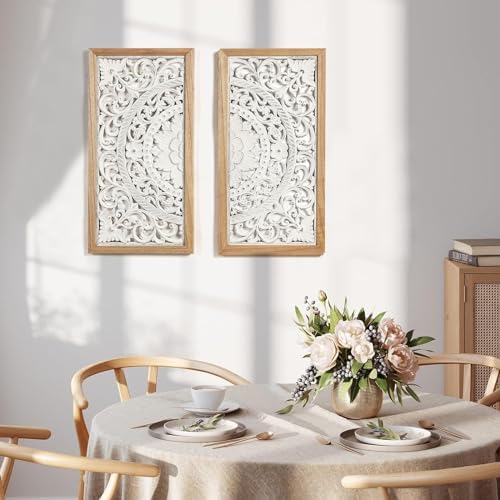 AHUONEL 2 Panel Wall Sculpture Decor Carved Wood Wall Art for Home Living Room Bedroom Entryway Hall Office Decor 23x115