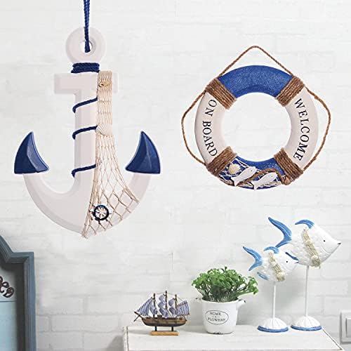 2 Pack 13 Inch Nautical Wooden Ship Wheel and Anchor with Rope Wall Art Decor