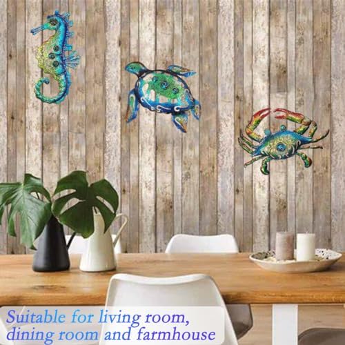 Weibefee 10 Inch Metal Wall Art Set of 3 Sea Turtle Seahorse Crab