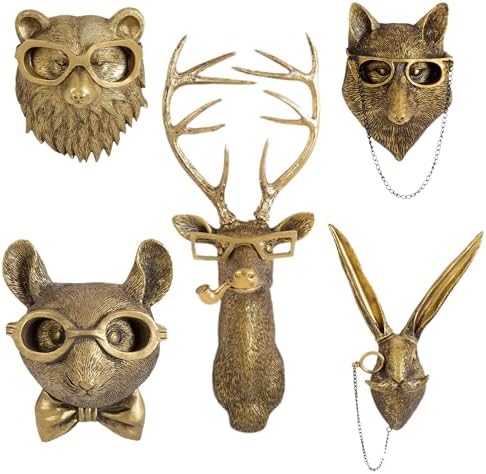 5pcs Animal Heads Wall Decor Bronze Resin Sculptures