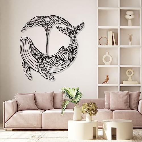 Whale Metal Wall Art - 36x36 Inch Black Nautical Decor
