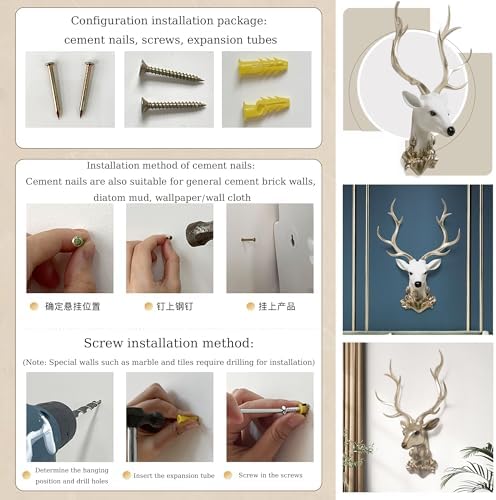 Gold Deer Head Wall Decor with Real Stone Antlers