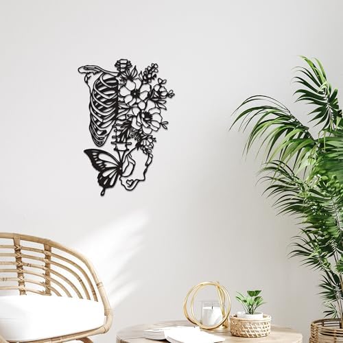 Gothic Skull Wall Decor with Metal Butterfly and Flowers