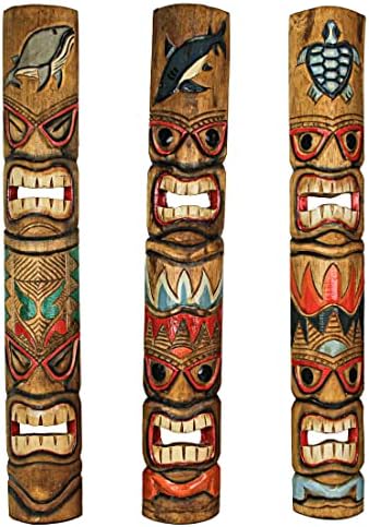 Set of 3 Hand-Carved Ocean Animal Wall Masks - Brown Wood Decor 40 Inch Tall