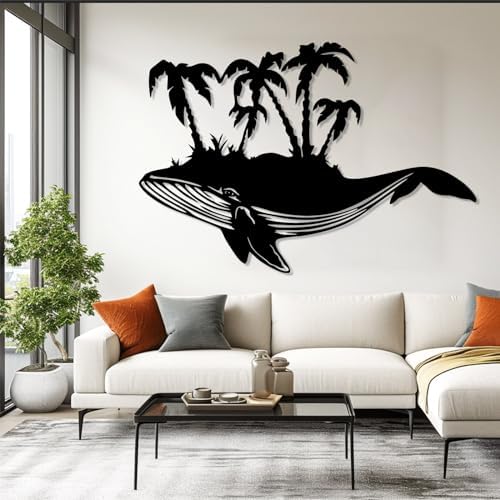 Metal Whale Palm Tree Wall Art Silver 16x24