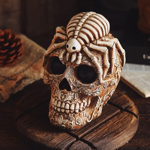 Vintage Skull Statue with Spider Resin Sculpture for Home Decor