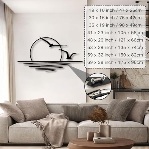 Sunrise Metal Wall Art - Seagulls Sunset Decor Black 30x16 Inch