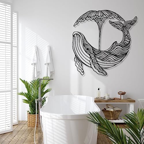 Whale Metal Wall Art - 36x36 Inch Black Nautical Decor