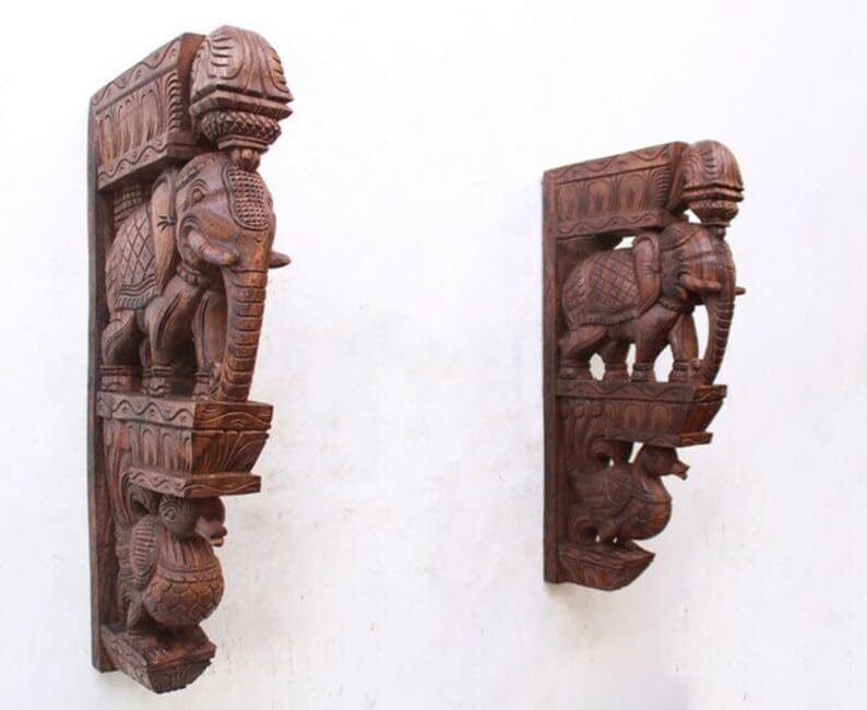 2 Pcs Wall Bracket Elephant Wooden Statue Vintage Home Decor