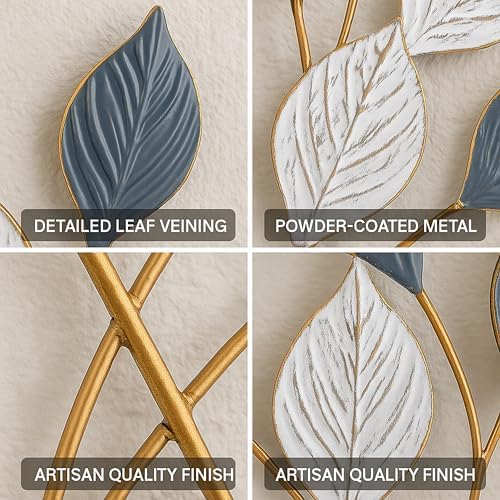 Vertical 3D Leaf Metal Wall Art - Textured Green and White Wall Sculpture