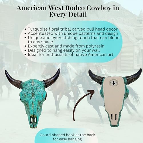 Rustic Wall Sculpture with Turquoise Floral Tribal Carved Bull Head Skull