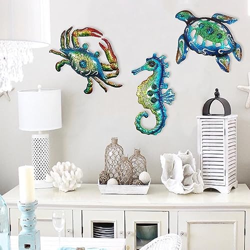 Weibefee 10 Inch Metal Wall Art Set of 3 Sea Turtle Seahorse Crab