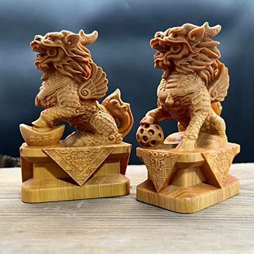 Pair of Fu Foo Dogs Statues Solid Wood Feng Shui Decor Figurines