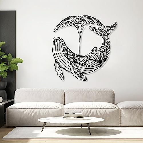 Whale Metal Wall Art - 36x36 Inch Black Nautical Decor