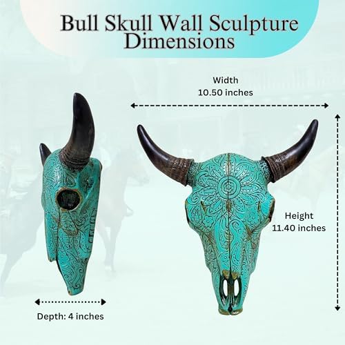 Rustic Wall Sculpture with Turquoise Floral Tribal Carved Bull Head Skull