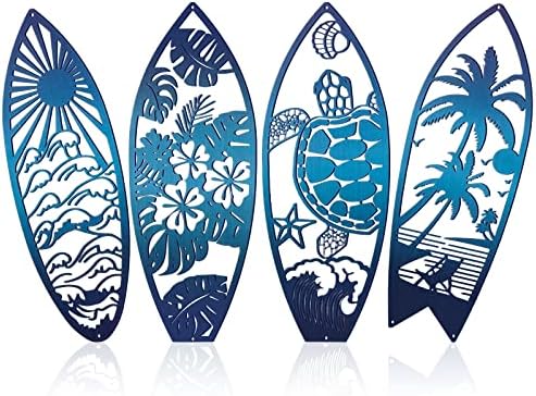 Therwen 4 Pcs Metal Surfboard Wall Decor Blue