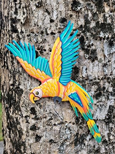Handmade Wall Sculpture Metal Parrot Coral Yellow Blue Teal Medium Haiti Artisanat