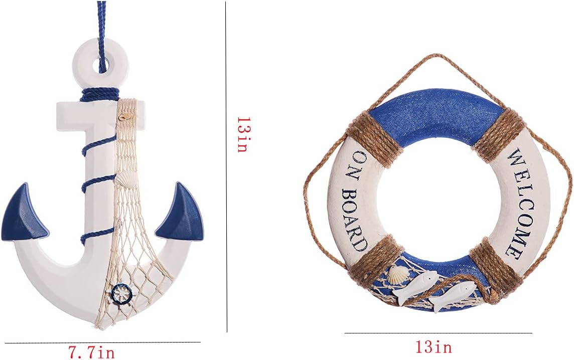 2 Pack 13 Inch Nautical Wooden Ship Wheel and Anchor with Rope Wall Art Decor