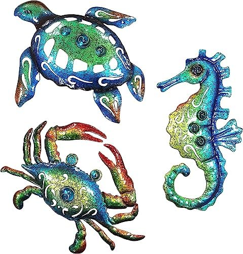 Weibefee 10 Inch Metal Wall Art Set of 3 Sea Turtle Seahorse Crab
