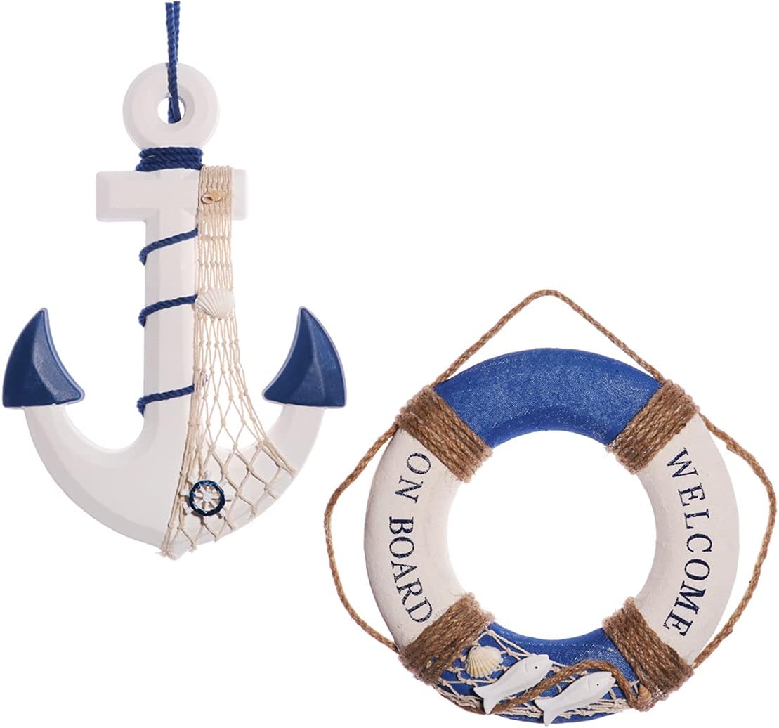 2 Pack 13 Inch Nautical Wooden Ship Wheel and Anchor with Rope Wall Art Decor