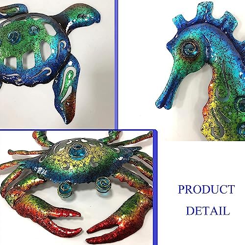 Weibefee 10 Inch Metal Wall Art Set of 3 Sea Turtle Seahorse Crab