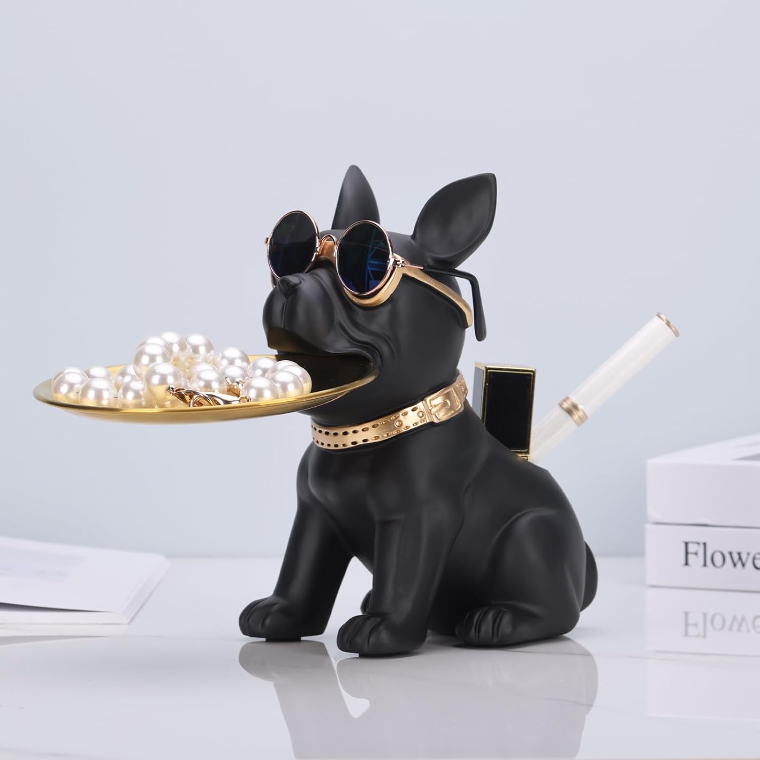 Resin French Bulldog Statue Storage Tray Cute Dog Butler Figurine for Entryway