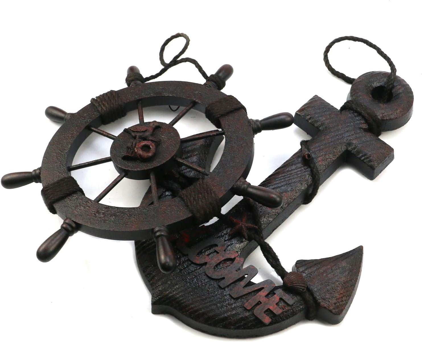 Mewutal 2PCS 11 Inch Wooden Ship Steering Wheel and 13 Inch Wood Anchor Wall Decor