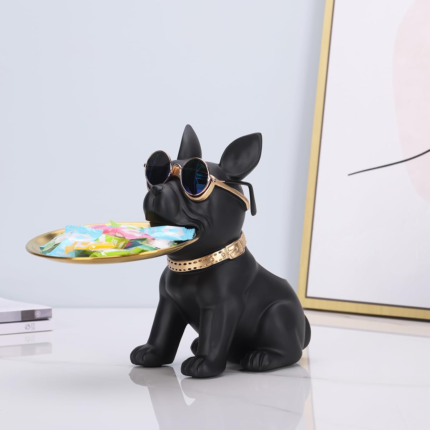Resin French Bulldog Statue Storage Tray Cute Dog Butler Figurine for Entryway