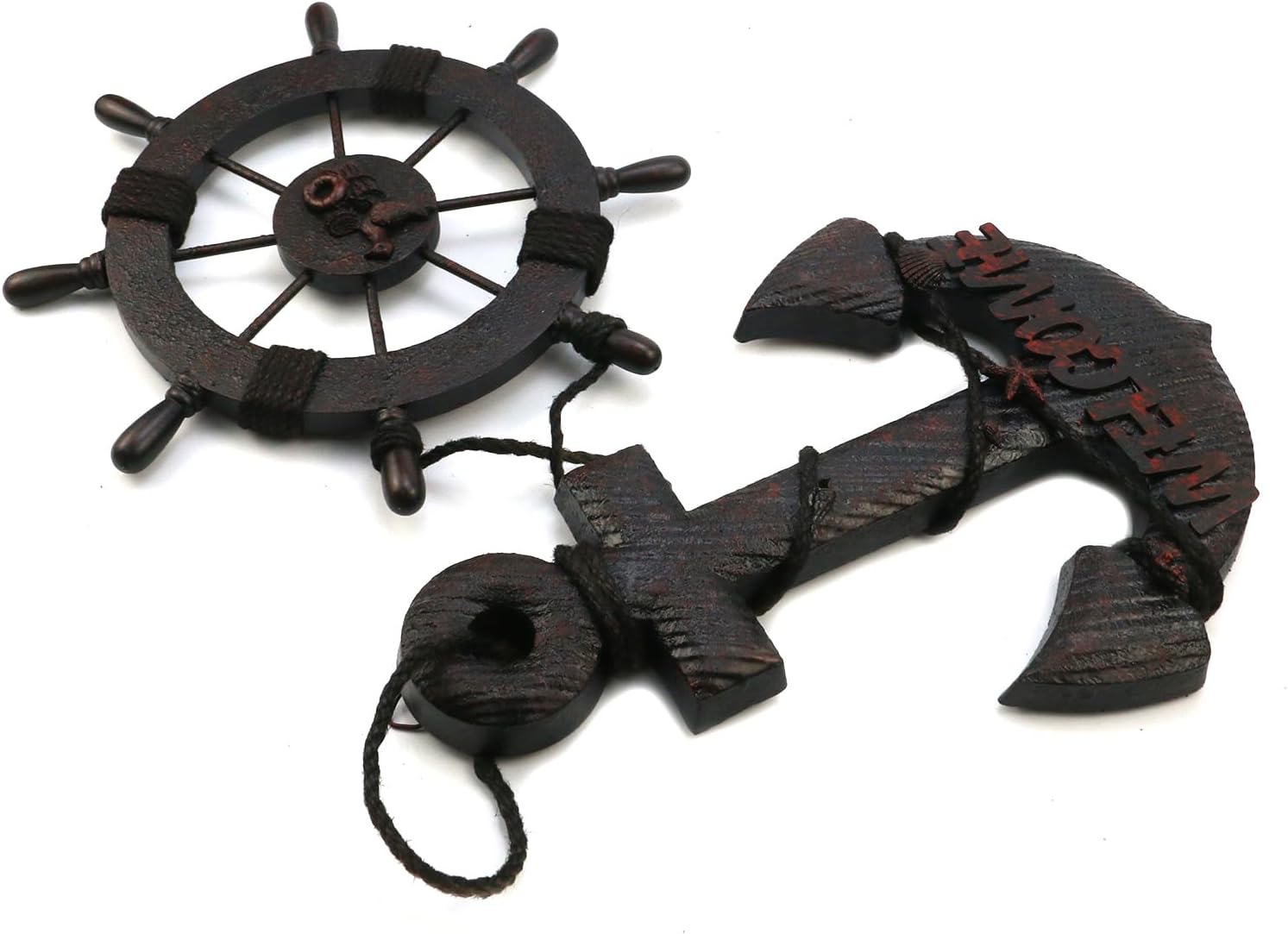 Mewutal 2PCS 11 Inch Wooden Ship Steering Wheel and 13 Inch Wood Anchor Wall Decor