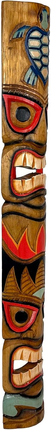 Set of 3 Hand-Carved Ocean Animal Wall Masks - Brown Wood Decor 40 Inch Tall