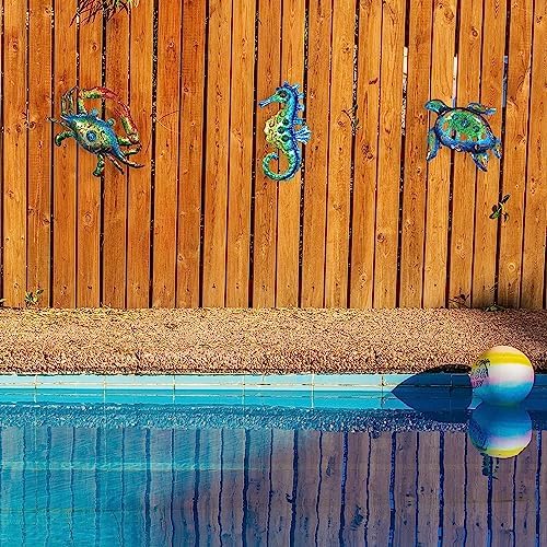 Weibefee 10 Inch Metal Wall Art Set of 3 Sea Turtle Seahorse Crab