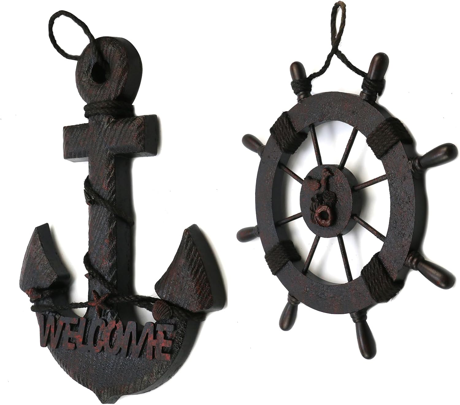 Mewutal 2PCS 11 Inch Wooden Ship Steering Wheel and 13 Inch Wood Anchor Wall Decor
