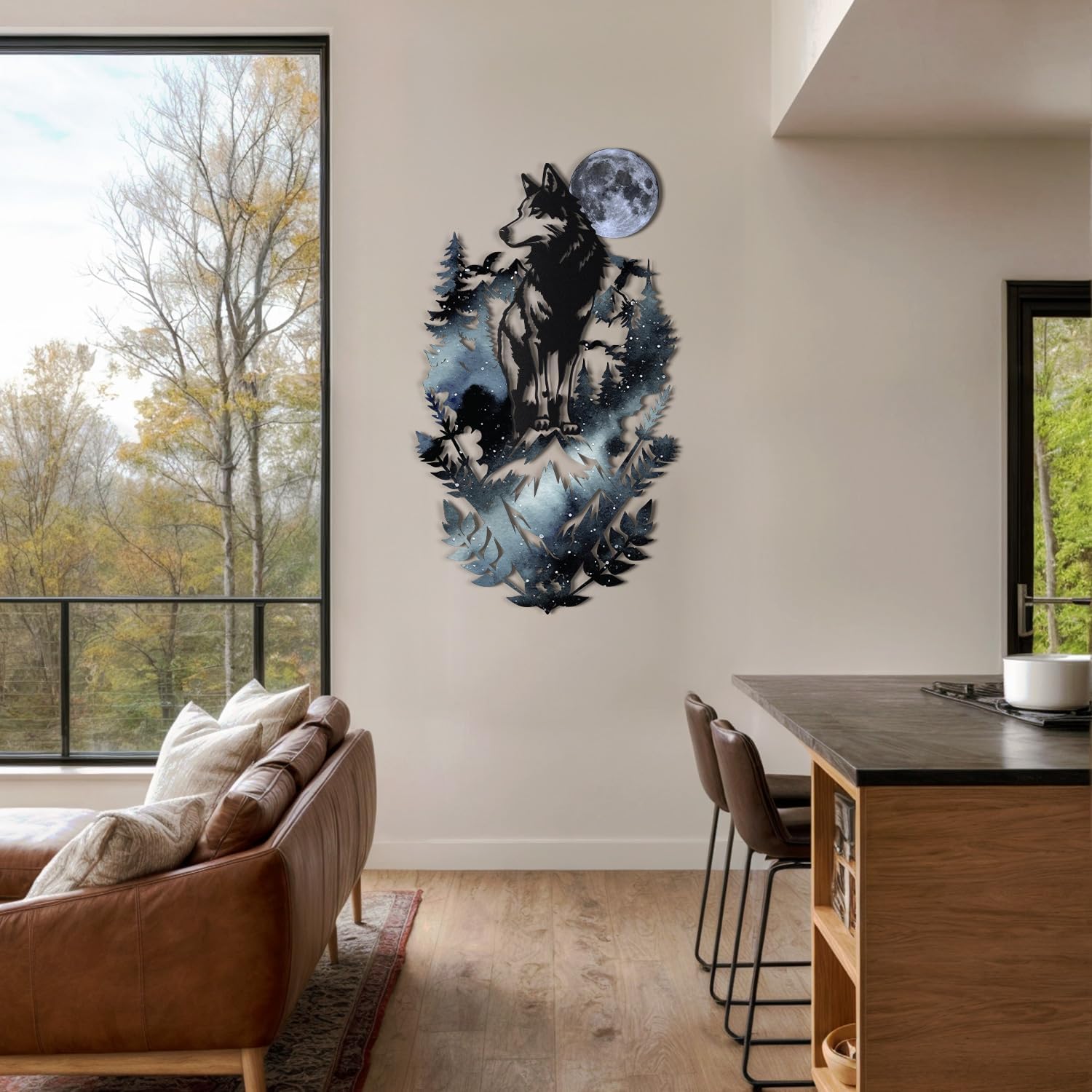 Colored Metal Wolf and Nature Wall Art 21x37 Inches