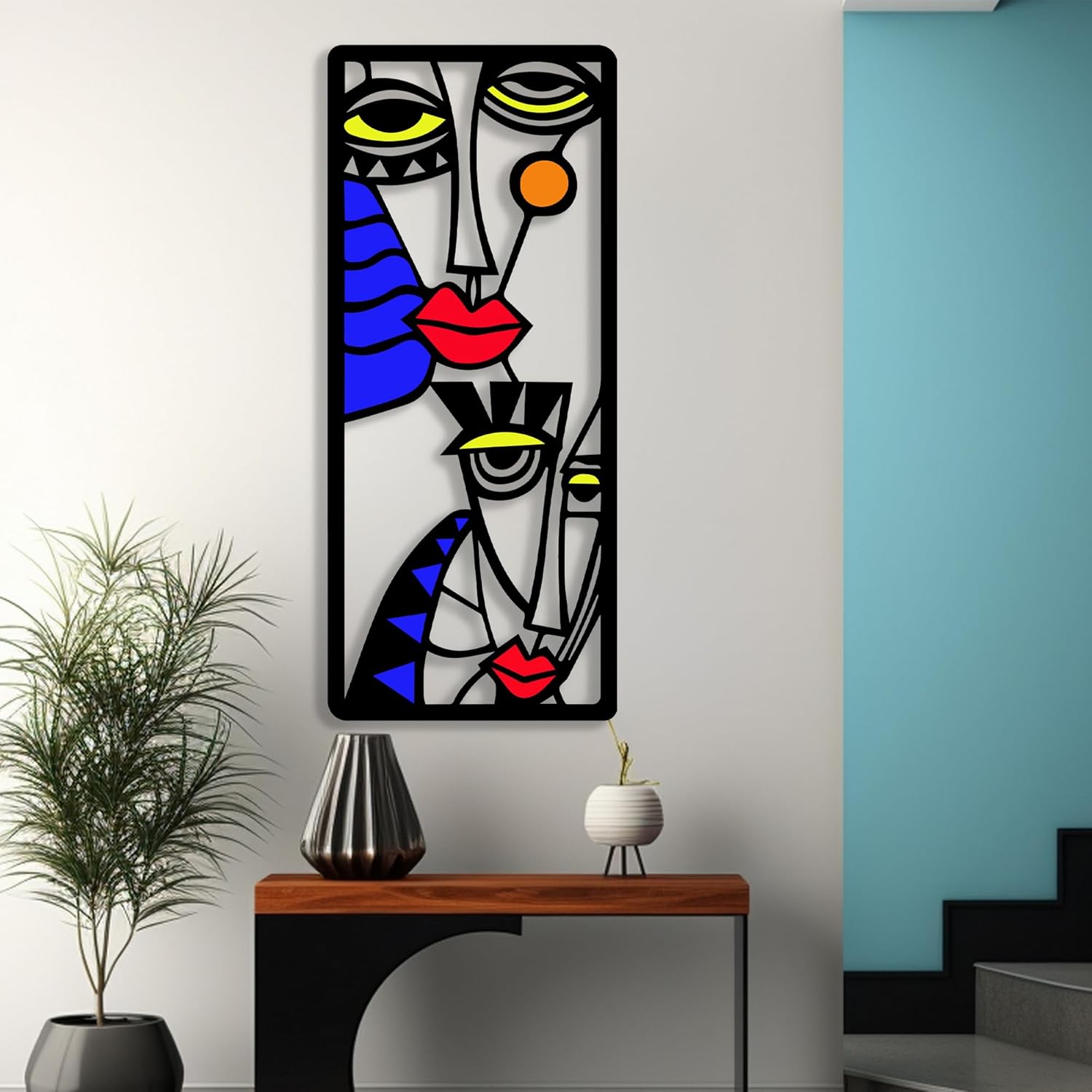 Modern Abstract Multicolor Metal Wall Art Sculpture - 16 Inches LineArt Face Decor