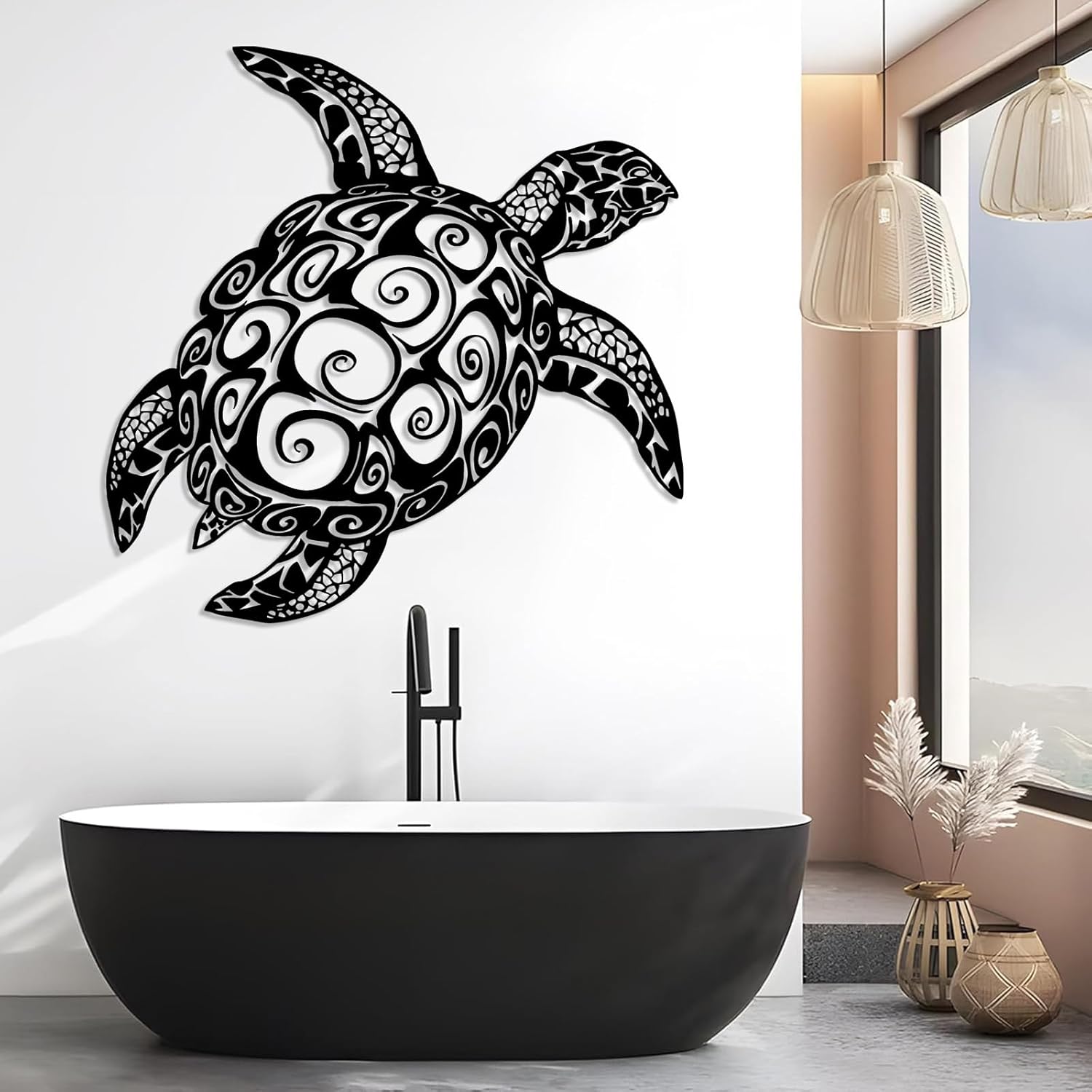 Sea Turtle Wall Art - Modern Metal Ocean Decor Black 28x28 Inch