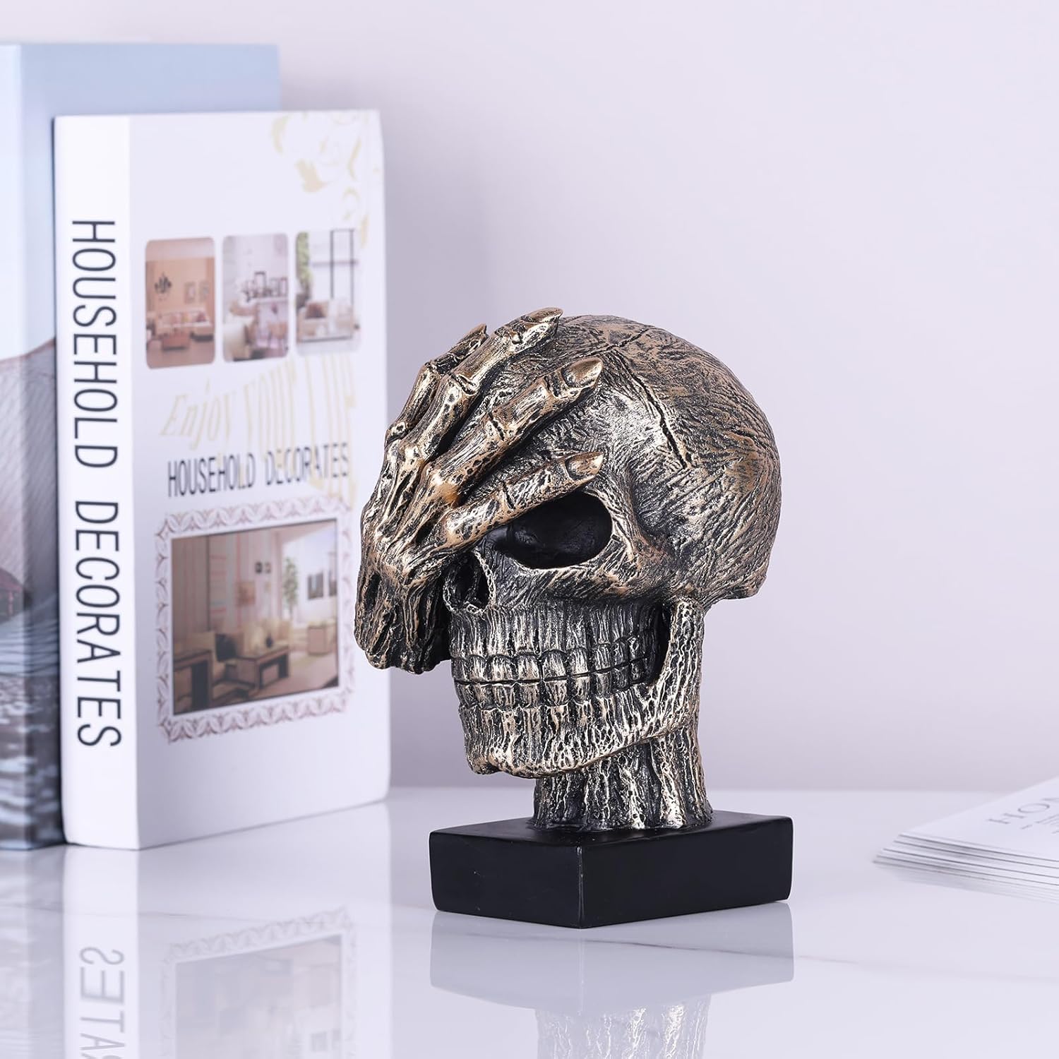 Black and Gold See No Evil Skull Statue - Gothic Halloween Decor