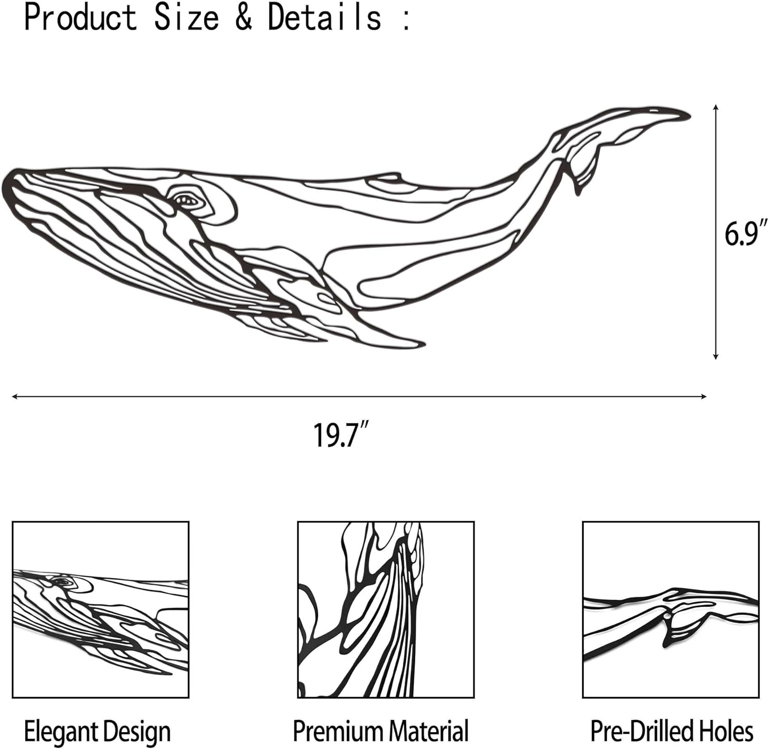 Xedatric Whale Metal Wall Decor - Coastal Blue Whale Sculpture 197X69inch Black