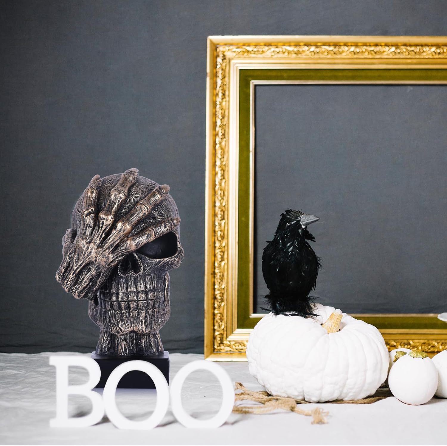 Black and Gold See No Evil Skull Statue - Gothic Halloween Decor