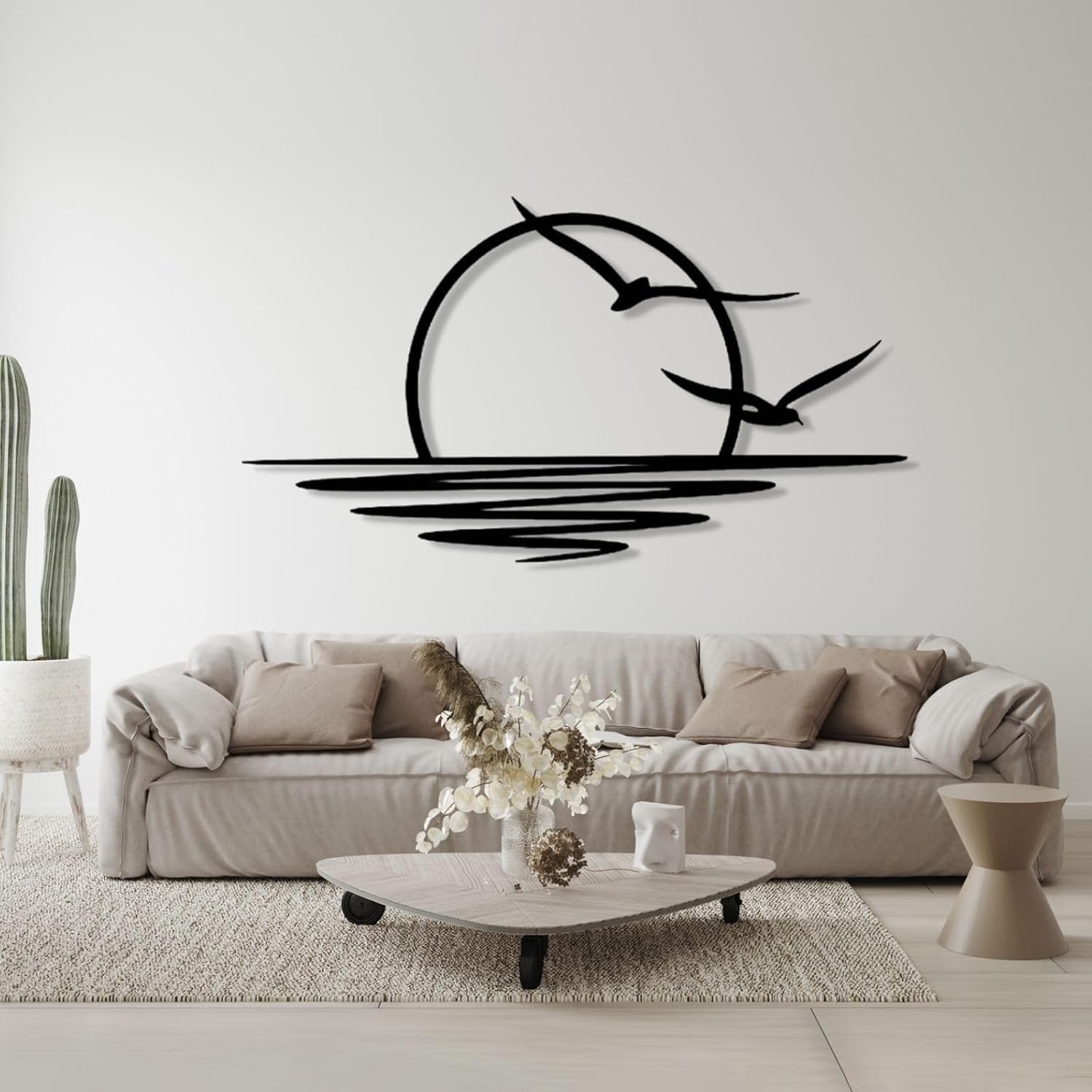 Sunrise Metal Wall Art Coastal Seagull Decor Black Modern Wall Hanging