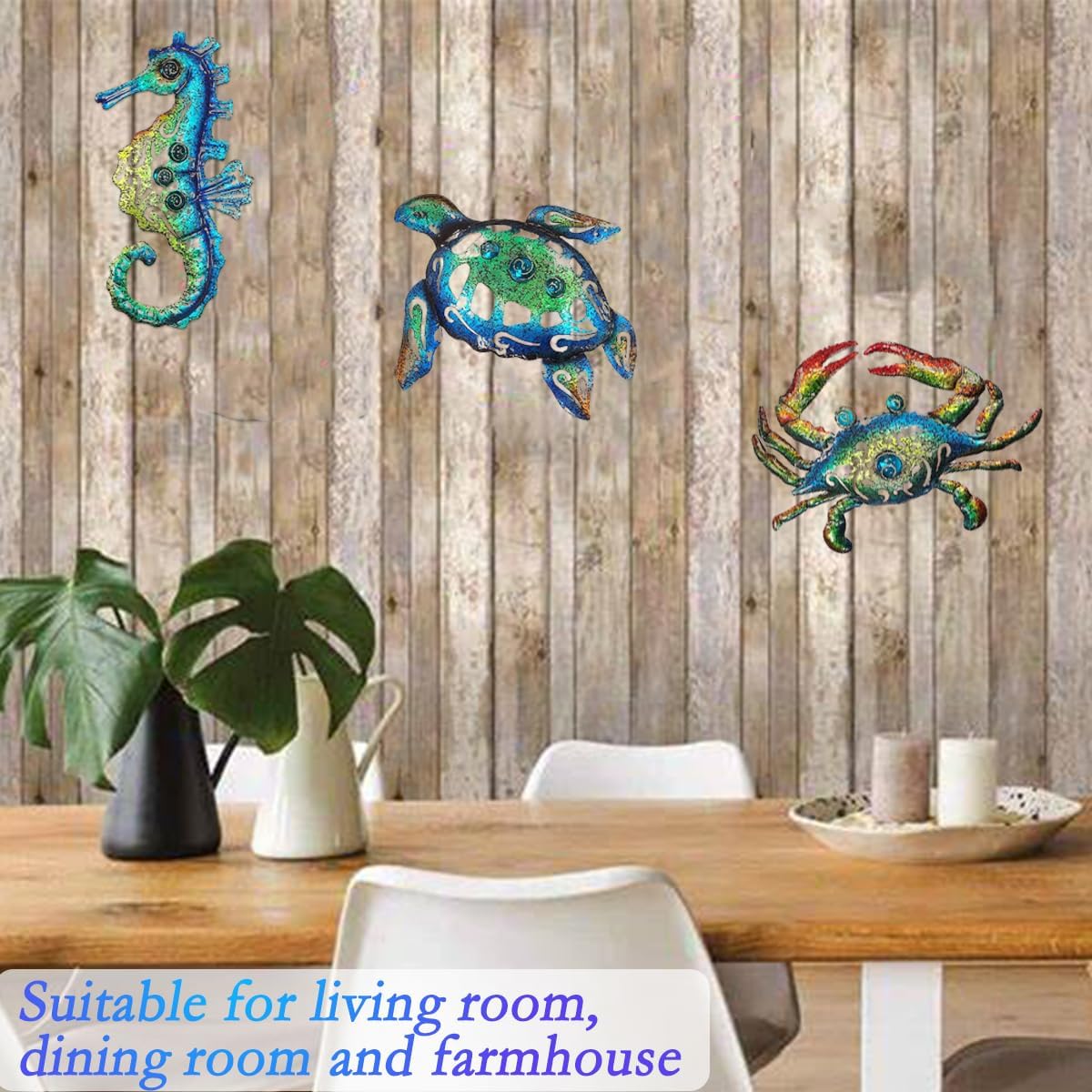 Weibefee 10 Inch Metal Wall Art Set of 3 Sea Turtle Seahorse Crab