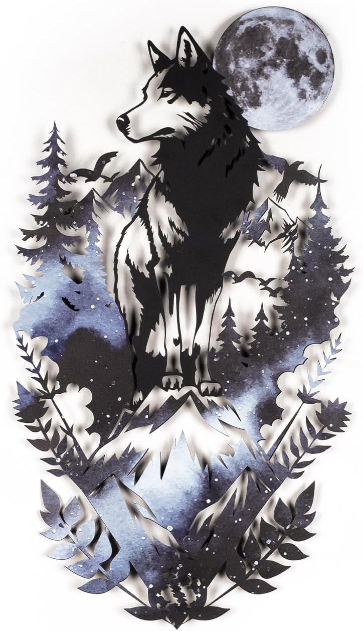 Colored Metal Wolf and Nature Wall Art 21x37 Inches