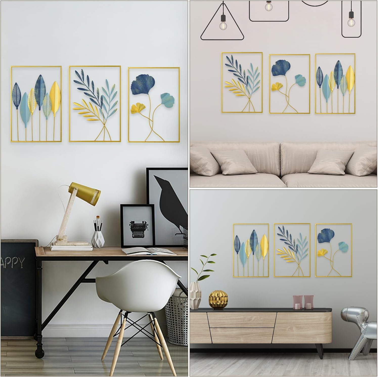 Funterest Gold Leaf Wall Decor Set of 3 Modern Wall Art